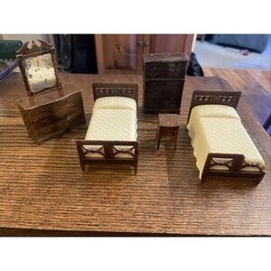 Vintage Renwal Dollhouse Bedroom Furniture Set Twin Beds Dresser Vanity